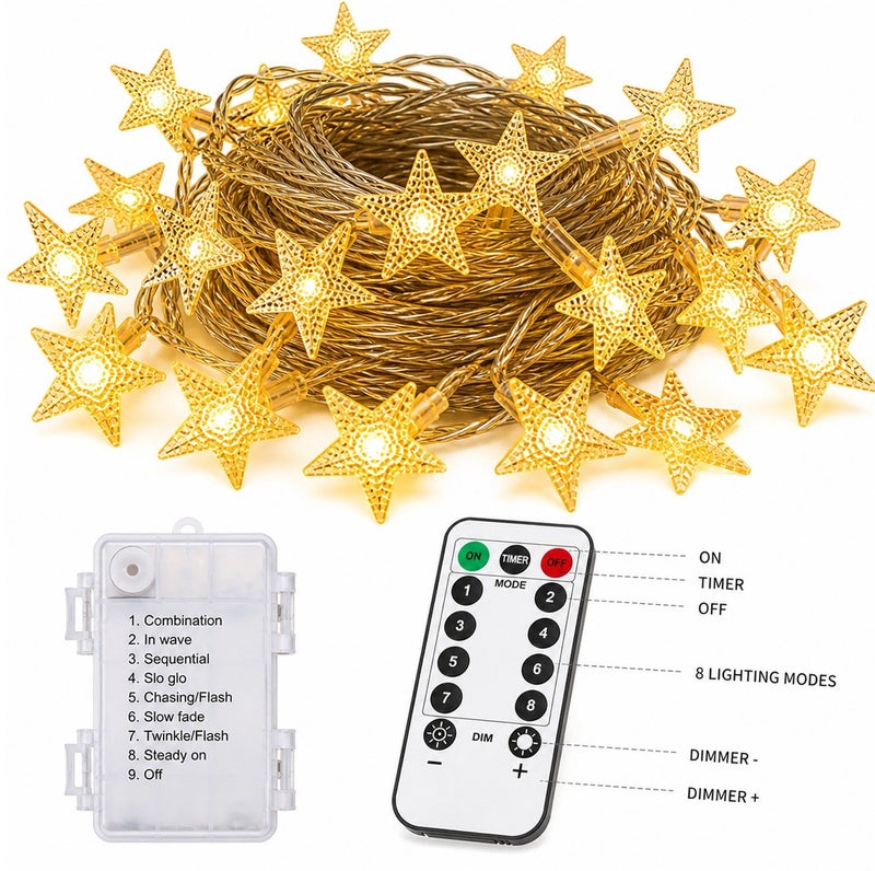 Dunekart Christmas Star String Lights – 80 LED, 10M Battery-Operated Fairy Lights with Remote, Waterproof Warm White Stars for Home, Party, Wedding & Garden Décor - Image 1