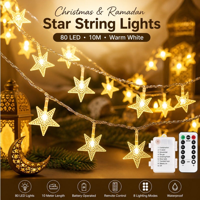 Dunekart Christmas Star String Lights – 80 LED, 10M Battery-Operated Fairy Lights with Remote, Waterproof Warm White Stars for Home, Party, Wedding & Garden Décor - Image 2