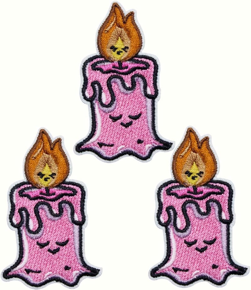 Sew or Iron on Embroidered Patches | Adorable Pink Candle with Smiling Flame Face | Whimsical Animated Design | DIY Crafters Kids Teens | Clothing Jeans Jackets Backpacks | 2.5"x1.5" 3PCs Pack
