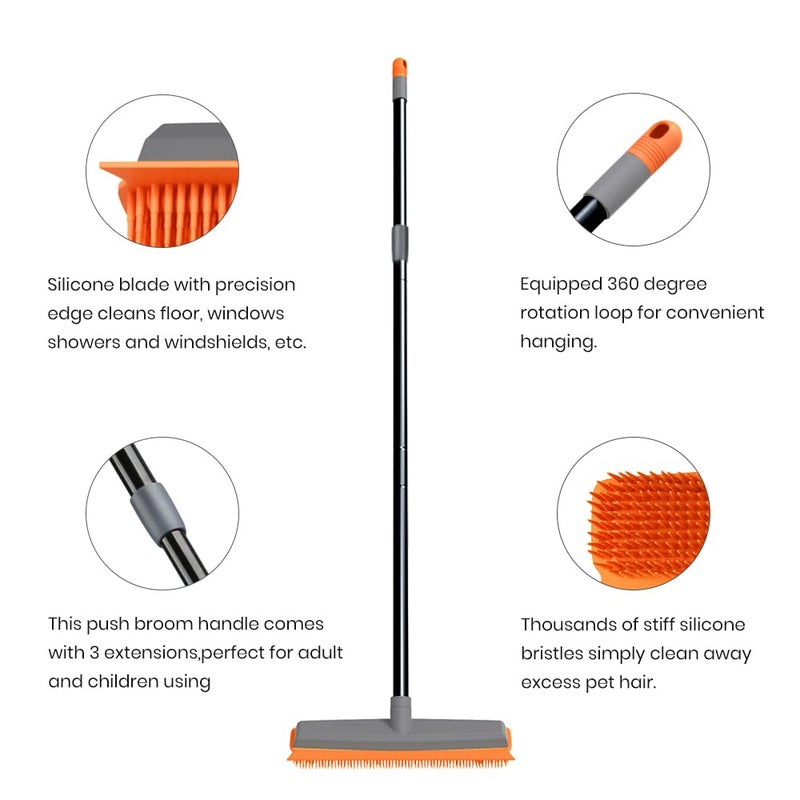 TreeLen Rubber Broom Carpet Rake Pet Hair Remover Broom with Squeegee Extension Push Broom for Carpet Hardwood Floor Tile Windows Cleaning - Image 3
