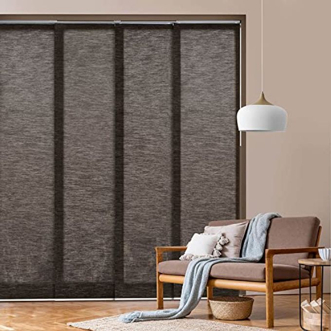 ADJUSTABLE SLIDING PANEL TRACK BLINDS 458 86 W X 96 H EXTENDABLE VERTICAL BLINDS FOR WINDOWS PATIO DOORS ROOM DIVIDERS SEETHROUGH TRIMMABLE JUTE FABRIC SEMIPRIVACY PUER TEA