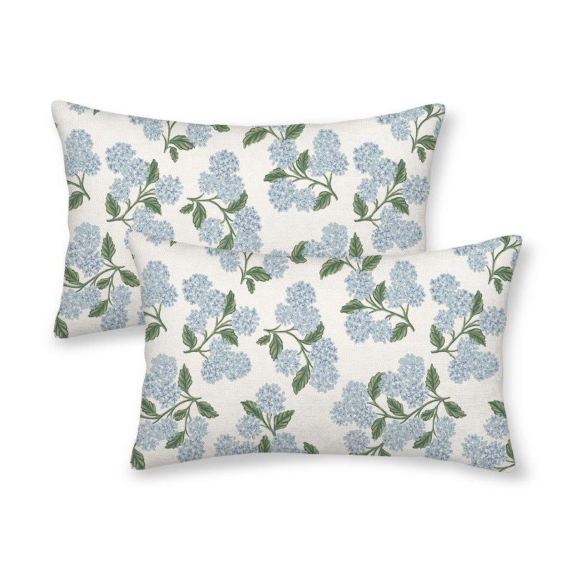 DAFENA Spring Pillow Covers 12x20 Inch 2 Pcs Blue Green Hydrangea Flower Decor Throw Pillows Vintage Floral Seasonal Summer Outdoor Decoration Lumbar Pillowcase Linen Cushion Cover for Couch Sofa - Image 1