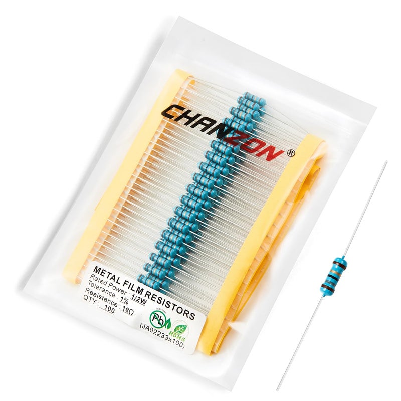 CHANZON 100pcs 1/2W (0.5W)18Ω ohm Metal Film Fixed Resistor 0.01 ±1% Tolerance 18 R MF Through Hole Resistors Current Limiting Rohs Certificated - Image 1