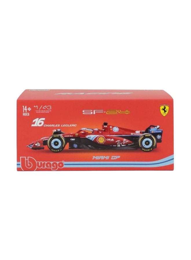 Bburago Racing F1 Miami Grand Prix 2024 Ferrari SF24 #16 Charles Leclerc Die-cast Car with Driver Helmet (1:43, Red/Black) - Image 1