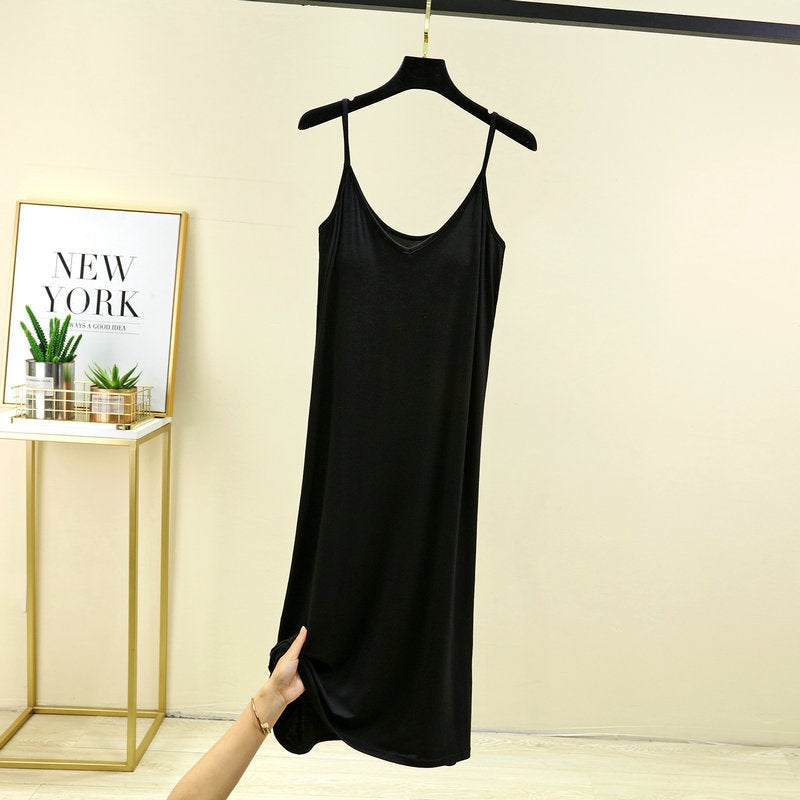 Womens One-piece V-neck Sling Base Skirt with Chest Pad Summer Long Nightgown Home Skirt Outer Wearing Dress Black 