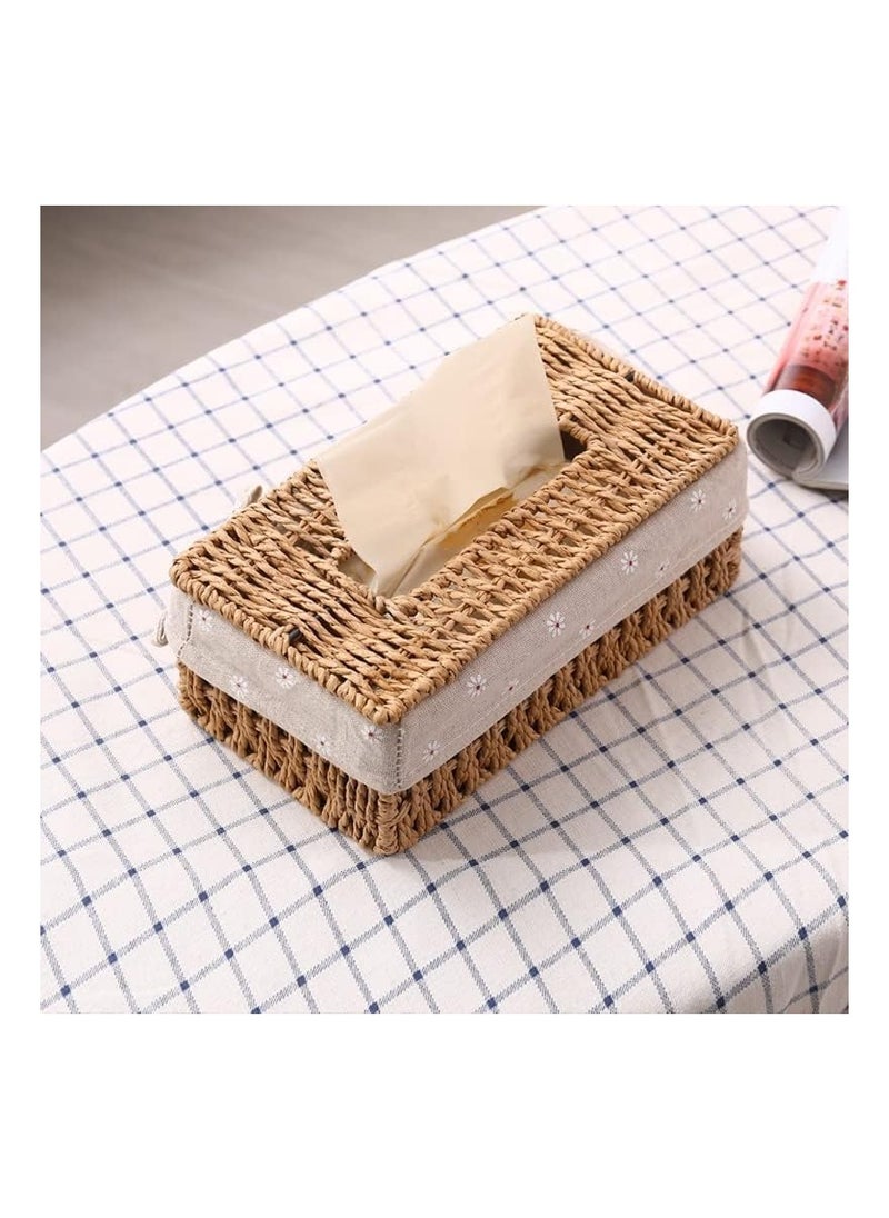 Plan A Hand Woven Rattan Tissue Box with Breathable Fabric Liner, Tissue Storage and Serving Box for Home, Bathroom, Office, Car, Handmade Rectangular Tissue Dispenser (Flower)
