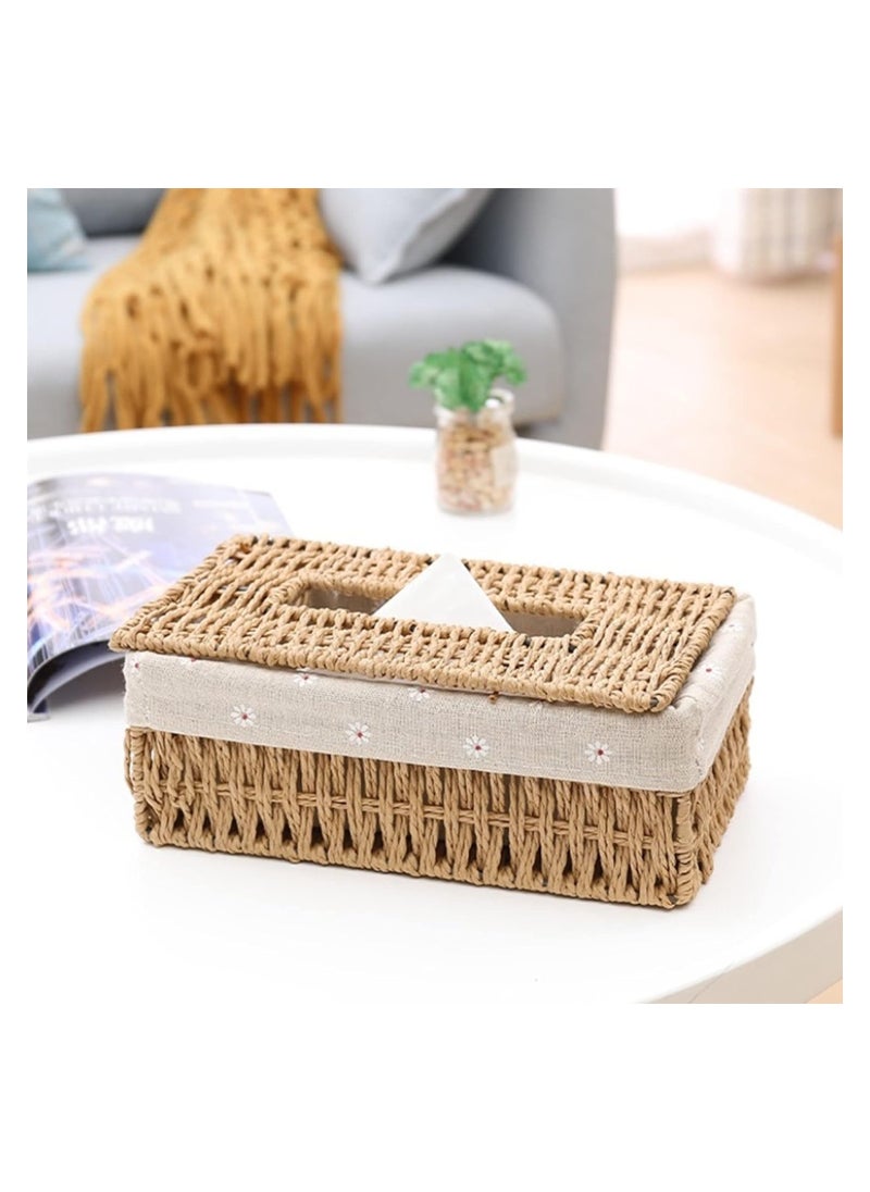 Plan A Hand Woven Rattan Tissue Box with Breathable Fabric Liner, Tissue Storage and Serving Box for Home, Bathroom, Office, Car, Handmade Rectangular Tissue Dispenser (Flower)