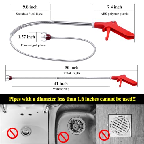 gulrear 50 Inch Toilet Snake Drain Auger Cleaner Tool, Upgraded Grabber Unclogger Tool, Toilet Auger Grabber, Stainless Steel Telescoping Rod for Pick/Grab Objects Clogged in Toilet Pipes/Drain - Image 5