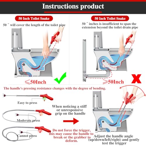 gulrear 50 Inch Toilet Snake Drain Auger Cleaner Tool, Upgraded Grabber Unclogger Tool, Toilet Auger Grabber, Stainless Steel Telescoping Rod for Pick/Grab Objects Clogged in Toilet Pipes/Drain - Image 4