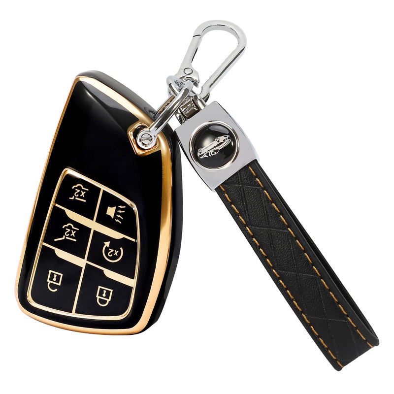 غطاء مفتاح TOMALL لجهاز التحكم عن بعد مع سلسلة مفاتيح 6 أزرار واقي مفتاح ناعم TPU متوافق مع 2021 2022 2023 2024 شيفروليه سوبربان 1500 تاهو GMC يوكون دينالي YG0G21TB2 أسود