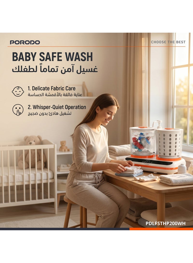 porodo Portable Mini Washing Machine Twin 2L Tub with Spin Dry, 5200mAh Rechargeable USB-C Battery for Intimates, Socks and Baby Clothes, Lifestyle Launder - Image 5