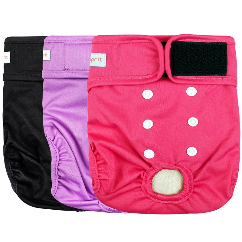 Langsprit Washable Female Dog Diapers (3 Pack) - No Leak Reusable Diapers for Doggy Female in Period - Highly Absorbent Dog Heat Panties with Adjustable Snaps (Black, Pink, Purple, Large) - Image 1