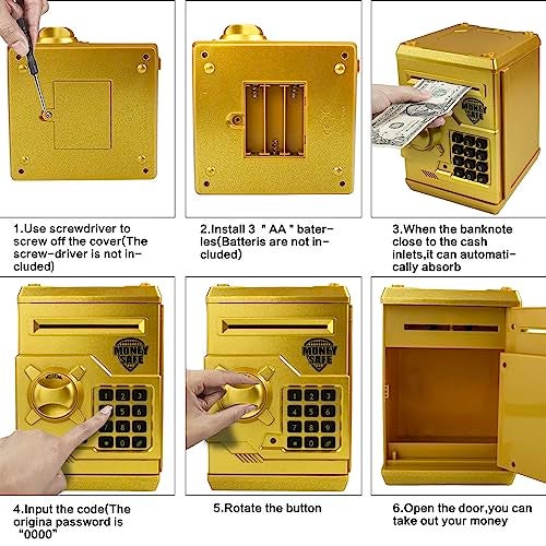 Totola Piggy Bank Electronic Mini ATM for Kids Baby Toy, Safe Coin Banks Money Saving Box Password Code Lock for Children,Boys Girls Best Gift (Gold) - Image 5
