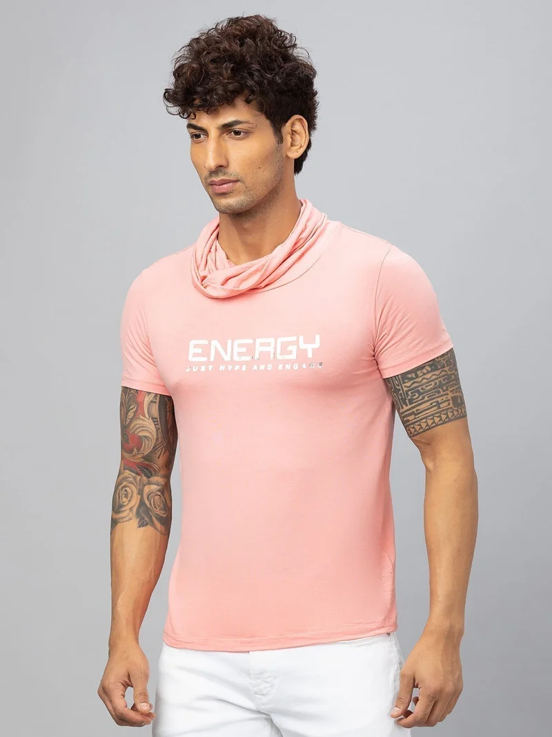 globus Globus Men Pink Printed Cotton Cowl Neck Regular Fit T-shirt