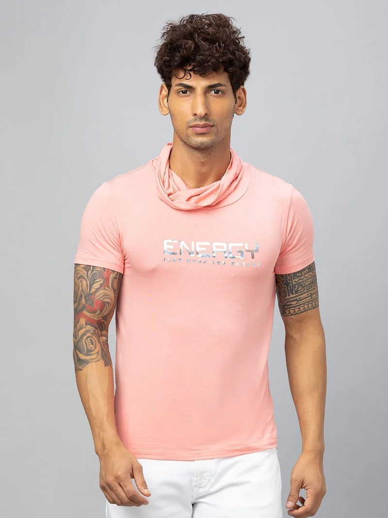 globus Globus Men Pink Printed Cotton Cowl Neck Regular Fit T-shirt