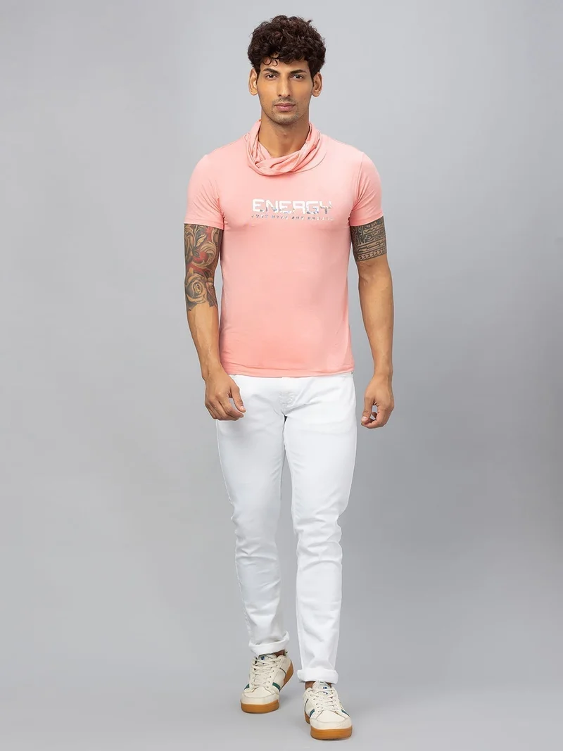 globus Globus Men Pink Printed Cotton Cowl Neck Regular Fit T-shirt