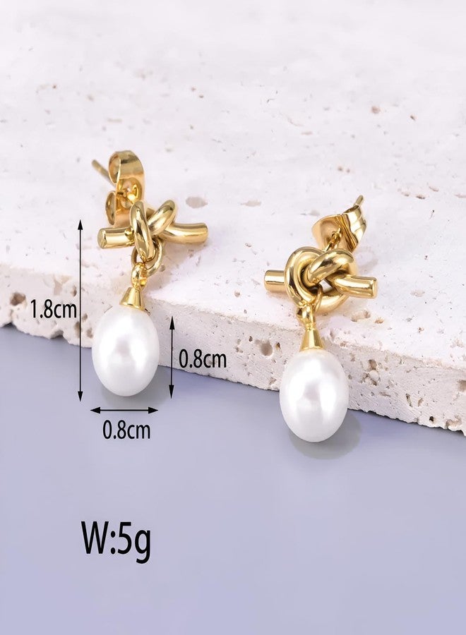 SHAHEEBA 304 Stainless Steel Knot Pearl Drop Earrings for Women | 18K Gold Plated PVD Coated Minimal Elegant Design | Lightweight Daily, Office & Party Jewelry | Gift for Women & Girls - 1 Pair - Image 5