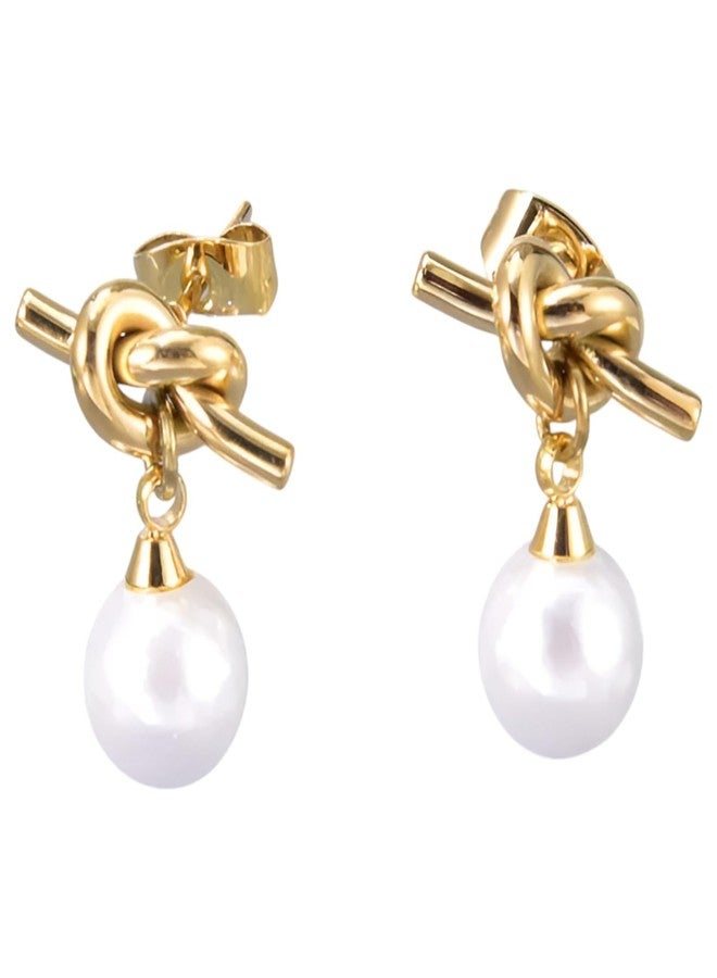 SHAHEEBA 304 Stainless Steel Knot Pearl Drop Earrings for Women | 18K Gold Plated PVD Coated Minimal Elegant Design | Lightweight Daily, Office & Party Jewelry | Gift for Women & Girls - 1 Pair - Image 1