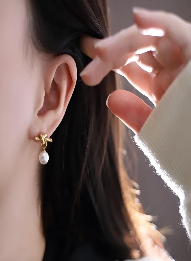 SHAHEEBA 304 Stainless Steel Knot Pearl Drop Earrings for Women | 18K Gold Plated PVD Coated Minimal Elegant Design | Lightweight Daily, Office & Party Jewelry | Gift for Women & Girls - 1 Pair - Image 4