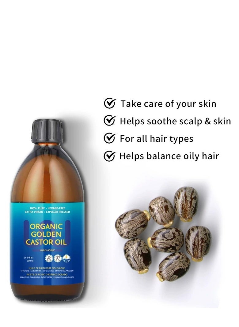 wachinas Organic Golden Castor Oil - 500mL (16.91 Fl Oz (Pack of 1)) | 100% Pure & Expeller Pressed for Hair, Skin & Digestion | Hexane Free - Image 2