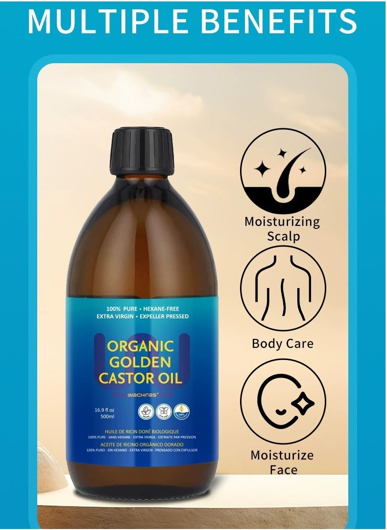 wachinas Organic Golden Castor Oil - 500mL (16.91 Fl Oz (Pack of 1)) | 100% Pure & Expeller Pressed for Hair, Skin & Digestion | Hexane Free - Image 5