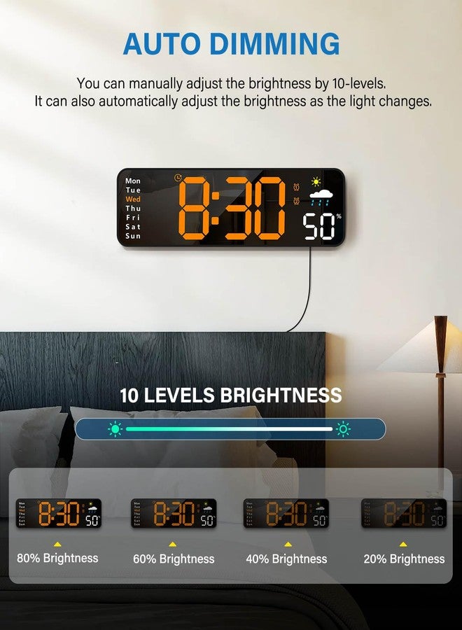 ساعة حائط رقمية، ساعة رقمية، شاشة كبيرة مع جهاز تحكم عن بعد، ساعات منبه سلكية LED مع التاريخ، اليوم، درجة الحرارة، الرطوبة، عد تنازلي تلقائي للتوقيت الصيفي، لغرفة المعيشة - Image 3
