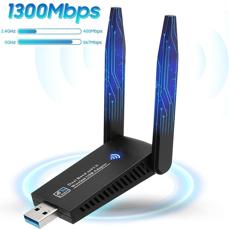 AC1300M Wireless Network Card USB Win10 Driver Free WiFi Adapter Black 1300Mbps Receiver Transmitter With Antennas Durable Casing Outdoor - Image 1