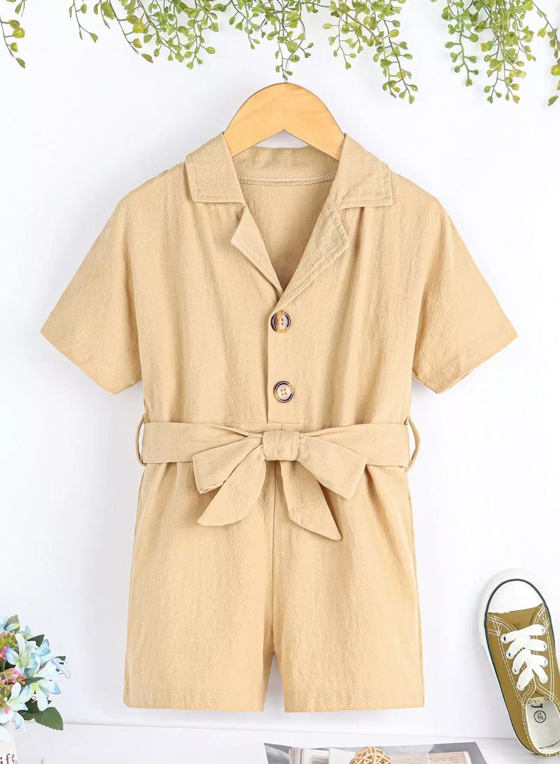 Toddler Girls Lapel Collar Button Front Belted Shirt Romper - Image 1