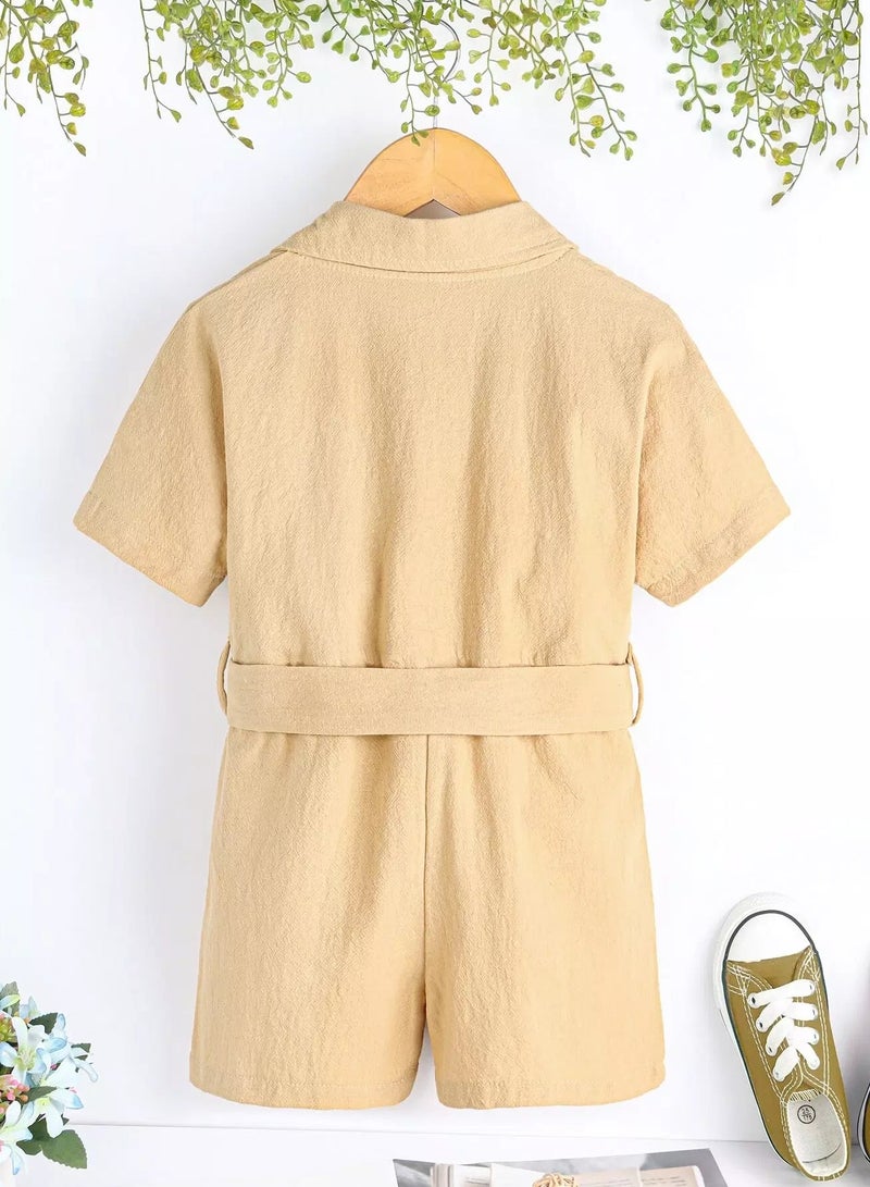 Toddler Girls Lapel Collar Button Front Belted Shirt Romper - Image 2