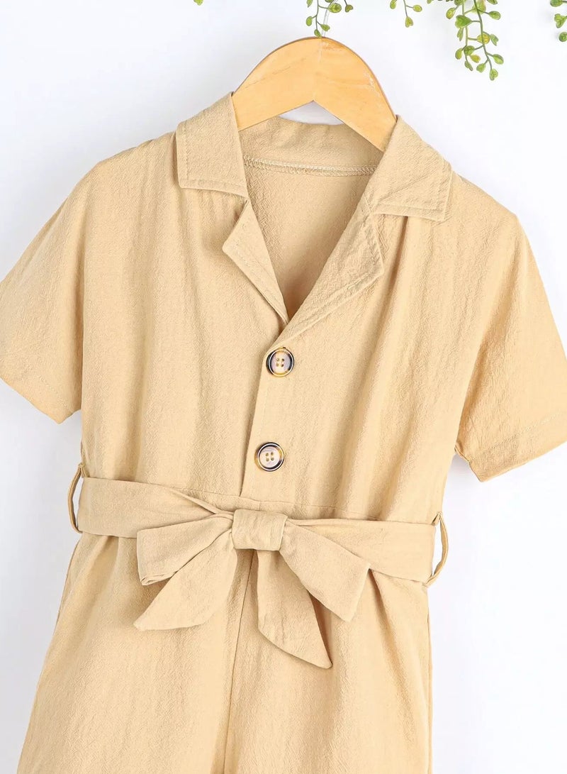 Toddler Girls Lapel Collar Button Front Belted Shirt Romper - Image 3