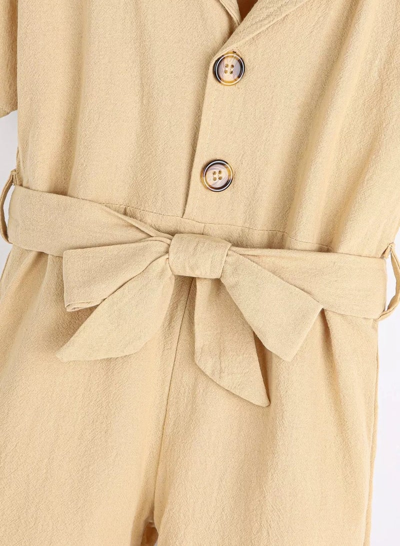 Toddler Girls Lapel Collar Button Front Belted Shirt Romper - Image 4