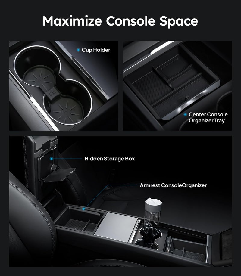 Wigoo Center Console Organizer for Tesla Model Y Juniper (Only Premium & Performance 2025 2026) and All Model 3 Highland Accessories [Double-Layer Storage, Smooth Sliding] 4PCS Black - Image 2