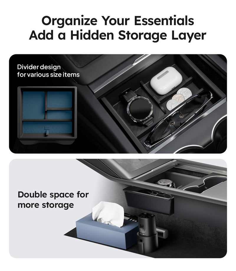 Wigoo Center Console Organizer for Tesla Model Y Juniper (Only Premium & Performance 2025 2026) and All Model 3 Highland Accessories [Double-Layer Storage, Smooth Sliding] 4PCS Black - Image 3
