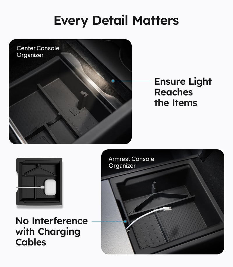 Wigoo Center Console Organizer for Tesla Model Y Juniper (Only Premium & Performance 2025 2026) and All Model 3 Highland Accessories [Double-Layer Storage, Smooth Sliding] 4PCS Black - Image 5