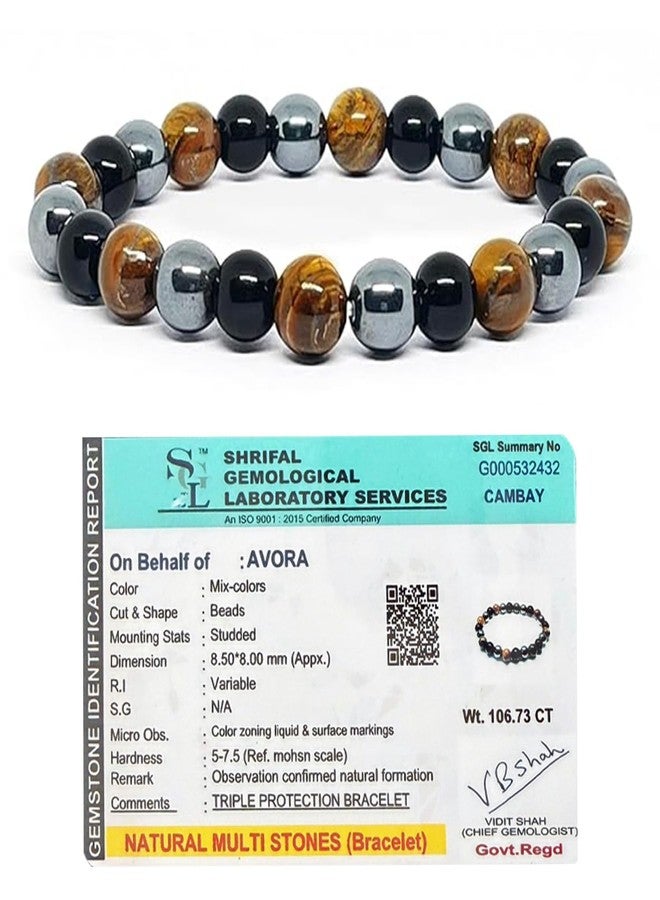 AVORA Original Triple Protection Bracelet with Lab Certificate for Men and Women - Natural Energised Tiger Eye Stone, Black Obsidian, Hematite Stone for Power, Protection, Good Luck - 8MM Beads - Image 1