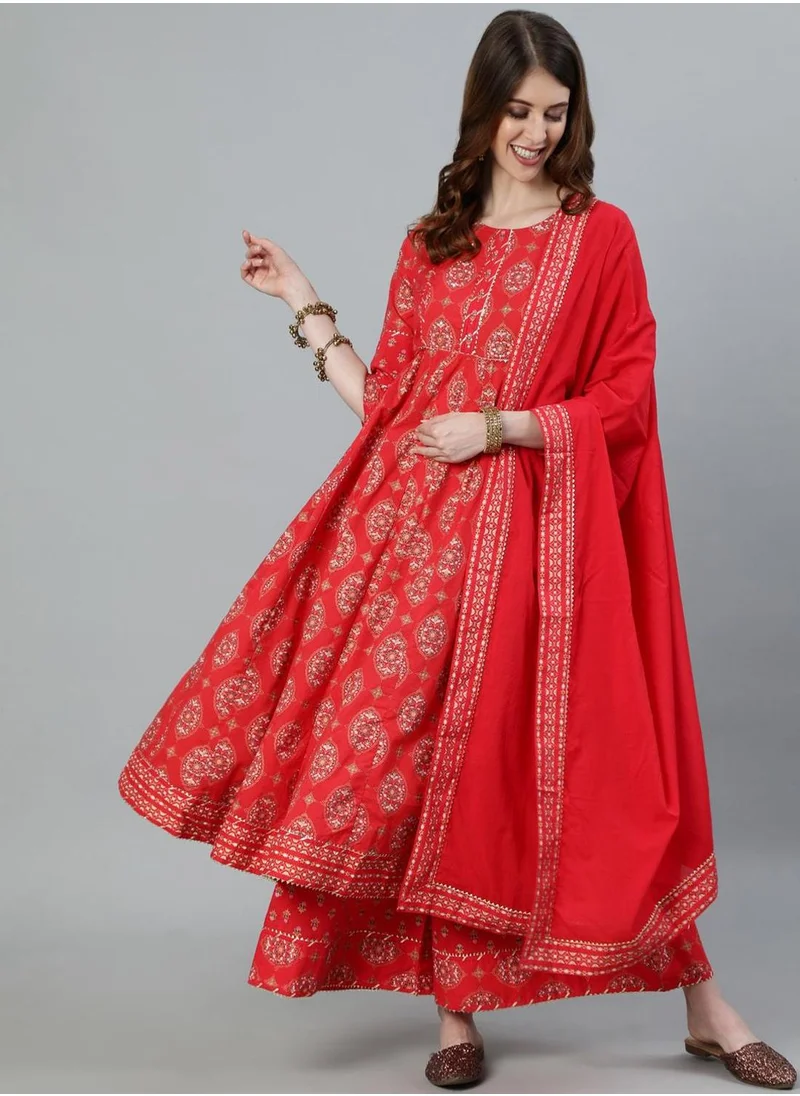 آي شين Women's Red 100% Cotton Printed Tunic Full Length Palazzo Straight Fit Kurta Set