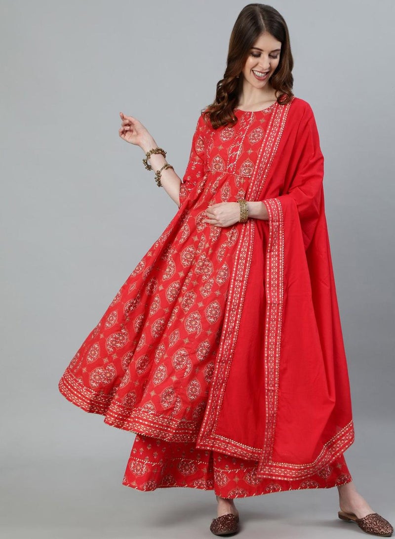 ISHIN Women's Red 100% Cotton Printed Tunic Full Length Palazzo Straight Fit Kurta Set  - Image 1