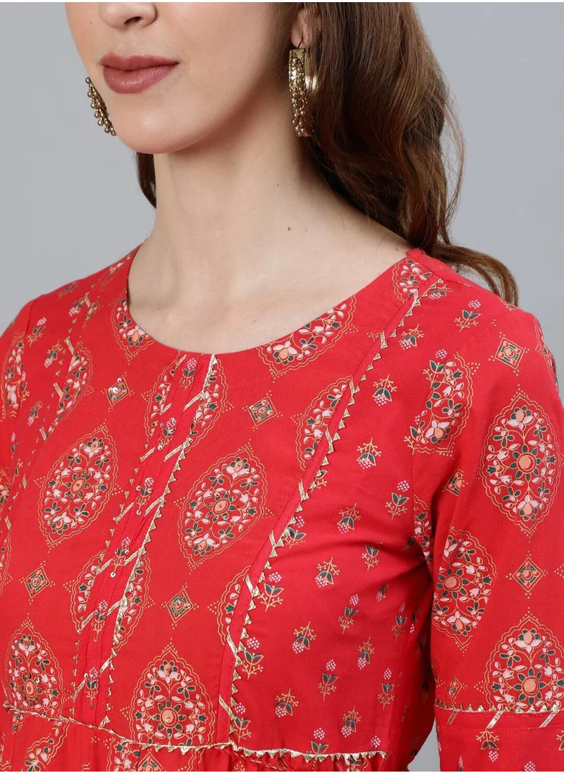 آي شين Women's Red 100% Cotton Printed Tunic Full Length Palazzo Straight Fit Kurta Set