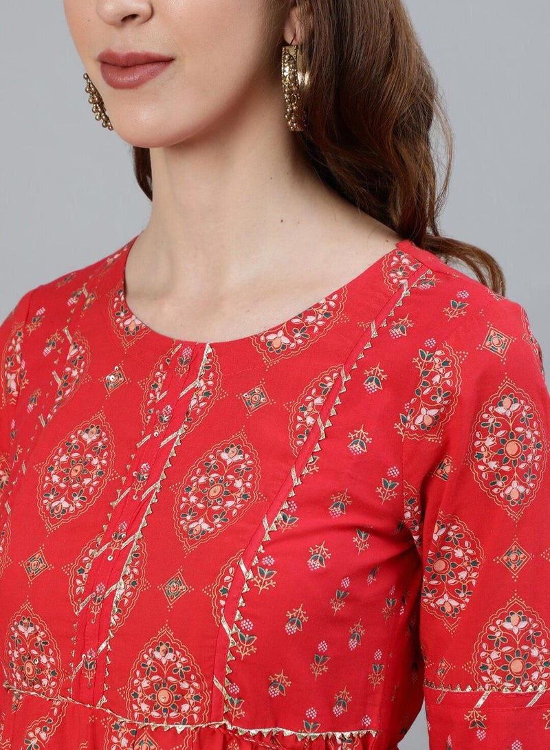 ISHIN Women's Red 100% Cotton Printed Tunic Full Length Palazzo Straight Fit Kurta Set  - Image 2