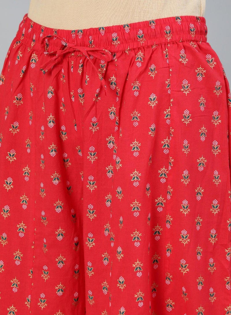 ISHIN Women's Red 100% Cotton Printed Tunic Full Length Palazzo Straight Fit Kurta Set  - Image 3