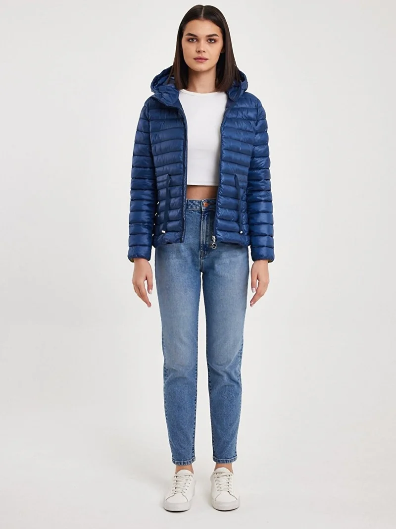 Plain Hooded Zippered Dark Blue Coat