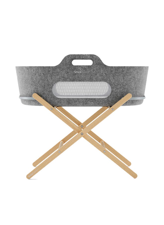 Snuz - Baskit Moses Basket And Stand Set For Baby, Dual Mesh Windows For Airflow, Soft Material, 3D Breathable Mattress, Machine Washable Liners, Basket And Stand 84 X 46.5 X 74 Cm - Dark Grey And Natural - Image 1