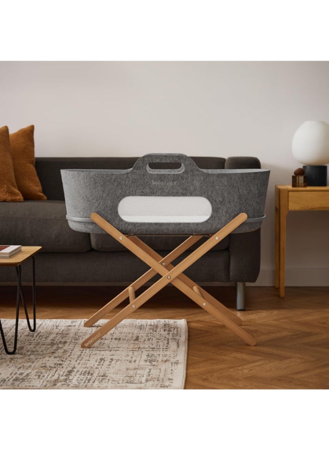 Snuz - Baskit Moses Basket And Stand Set For Baby, Dual Mesh Windows For Airflow, Soft Material, 3D Breathable Mattress, Machine Washable Liners, Basket And Stand 84 X 46.5 X 74 Cm - Dark Grey And Natural - Image 1