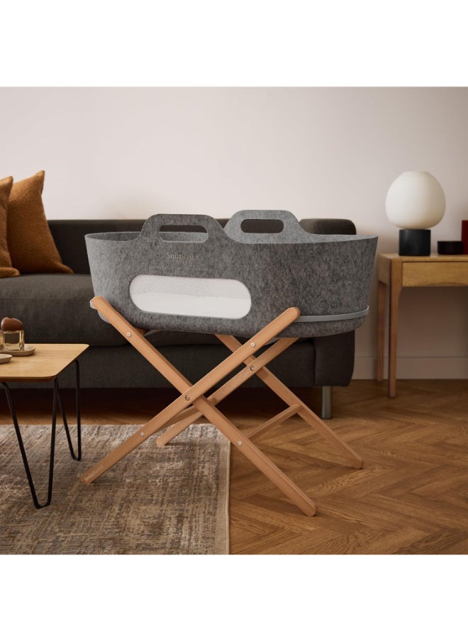 Snuz - Baskit Moses Basket And Stand Set For Baby, Dual Mesh Windows For Airflow, Soft Material, 3D Breathable Mattress, Machine Washable Liners, Basket And Stand 84 X 46.5 X 74 Cm - Dark Grey And Natural - Image 1