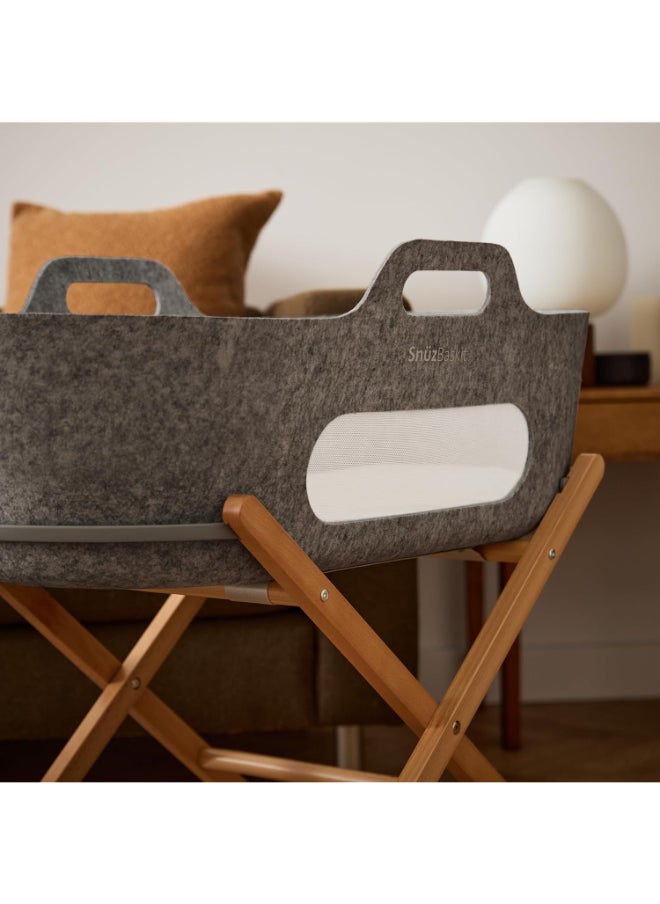 Snuz - Baskit Moses Basket And Stand Set For Baby, Dual Mesh Windows For Airflow, Soft Material, 3D Breathable Mattress, Machine Washable Liners, Basket And Stand 84 X 46.5 X 74 Cm - Dark Grey And Natural - Image 1