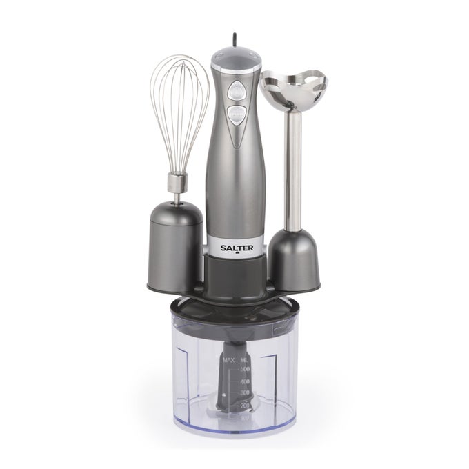 COSMOS 3IN1 HAND BLENDER WHISK BLENDER CHOP FOOD PROCESSOR VEGETABLE CHOPPER STAINLESS STEEL BLADES 500ML CHOPPING BOWL WHISK BLENDER ATTACHMENTS 2 SPEEDS 350W EK2827GUNMETAL
