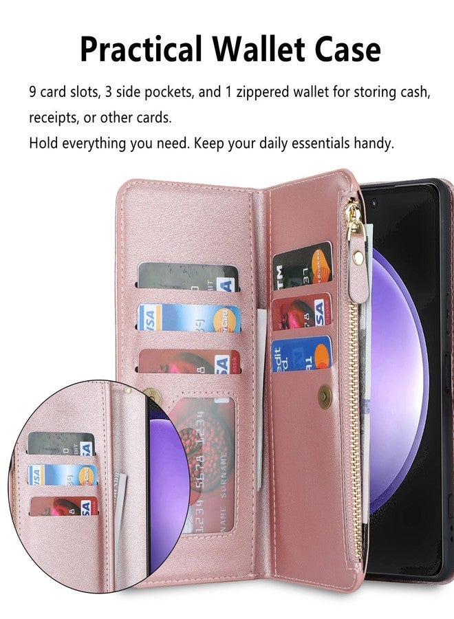iCoverCase for Samsung Galaxy S23 FE Wallet Case with Card Holder, Kickstand Feature PU Leather Case with Adjustable Crossbody Lanyard Magnetic Clasp Zipper Pocket Flip Cover (Rose Gold) - Image 4