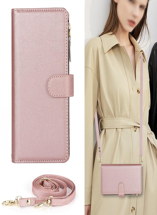 iCoverCase for Samsung Galaxy S23 FE Wallet Case with Card Holder, Kickstand Feature PU Leather Case with Adjustable Crossbody Lanyard Magnetic Clasp Zipper Pocket Flip Cover (Rose Gold) - Image 3