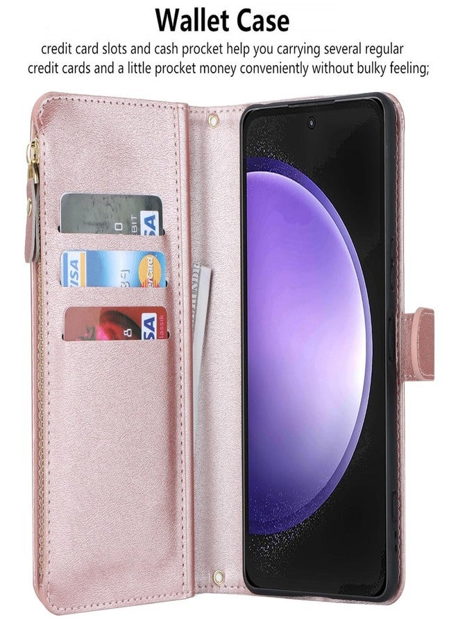 iCoverCase for Samsung Galaxy S23 FE Wallet Case with Card Holder, Kickstand Feature PU Leather Case with Adjustable Crossbody Lanyard Magnetic Clasp Zipper Pocket Flip Cover (Rose Gold) - Image 5