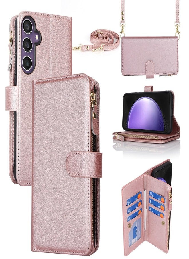 iCoverCase for Samsung Galaxy S23 FE Wallet Case with Card Holder, Kickstand Feature PU Leather Case with Adjustable Crossbody Lanyard Magnetic Clasp Zipper Pocket Flip Cover (Rose Gold) - Image 1